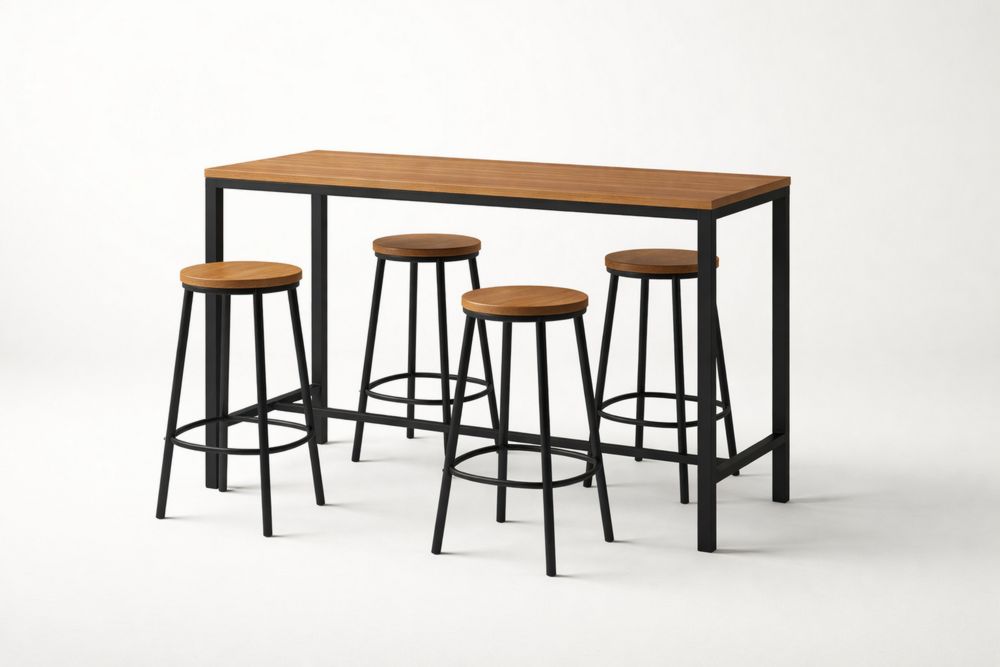 Wood and Steel Bar Table Set with 4 Stools