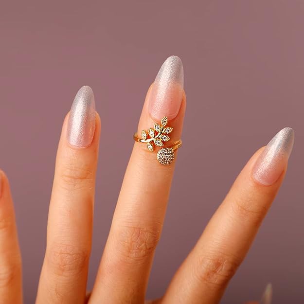 Crystal Beads Open Finger Ring Adjustable Finger Tip Manicure Jewelry Gold Nail Cap for Women
