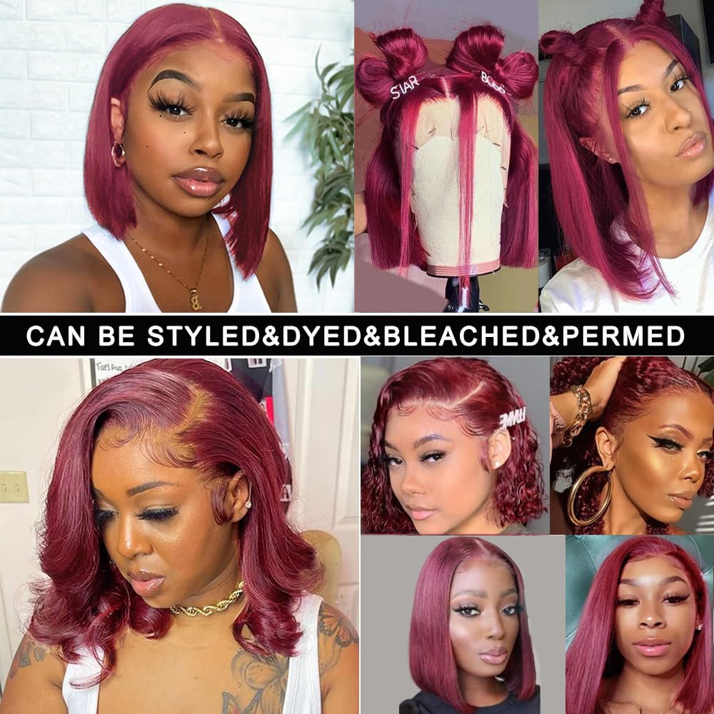 99J Burgundy Bob Wigs Human Hair 10 Inch Straight 13X4 HD Transparent  Bob Lace Front Wig  Wear and Go Glueless Wig Pre Plucked Colored Short Hd Lace Frontal Wigs for Black Women-Mielox Beauty