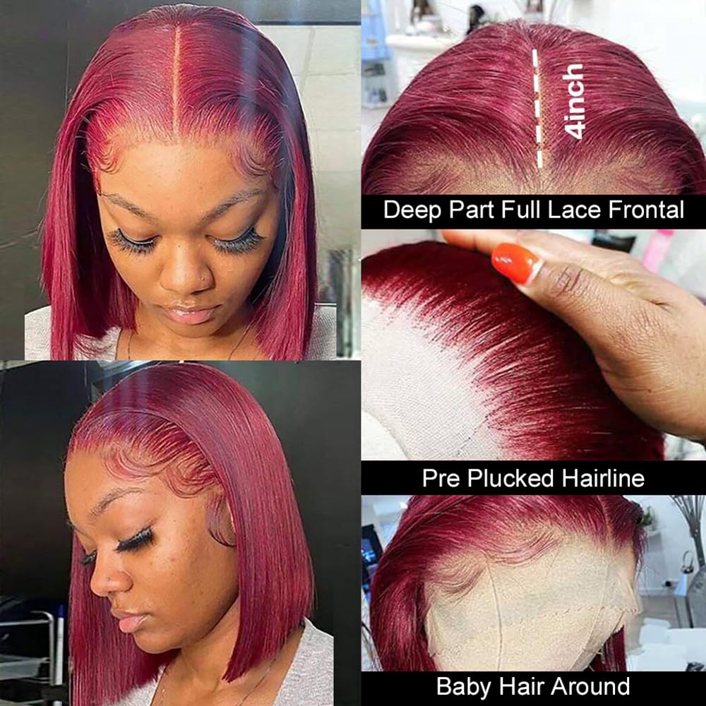 99J Burgundy Bob Wigs Human Hair 10 Inch Straight 13X4 HD Transparent  Bob Lace Front Wig  Wear and Go Glueless Wig Pre Plucked Colored Short Hd Lace Frontal Wigs for Black Women-Mielox Beauty
