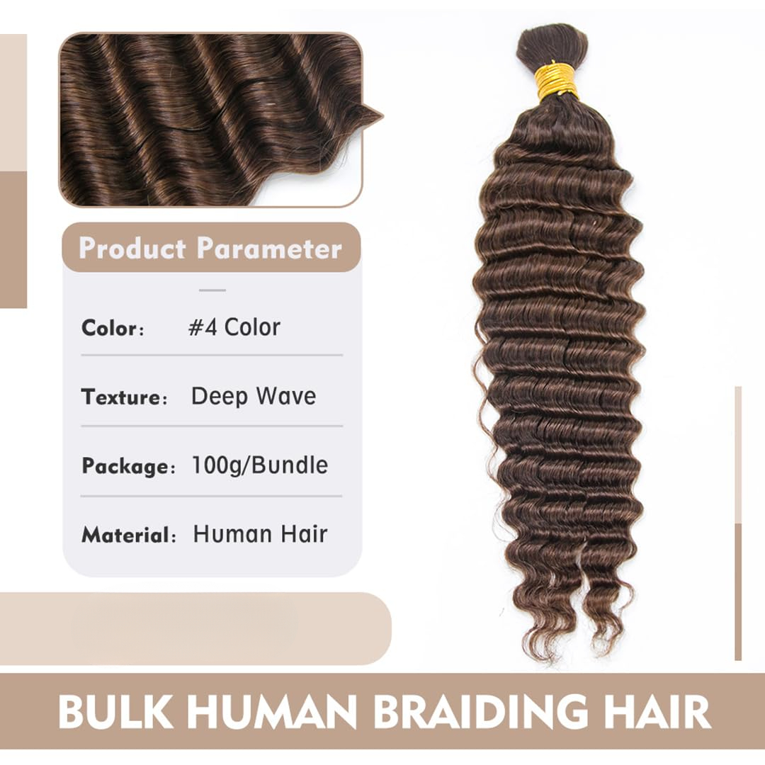 #4 Deep Wave Human Braiding Hair, 20 Inch 100G 100% Real Human Boho Braiding Hair for Natural Bohemian Braids-Mielox Beauty