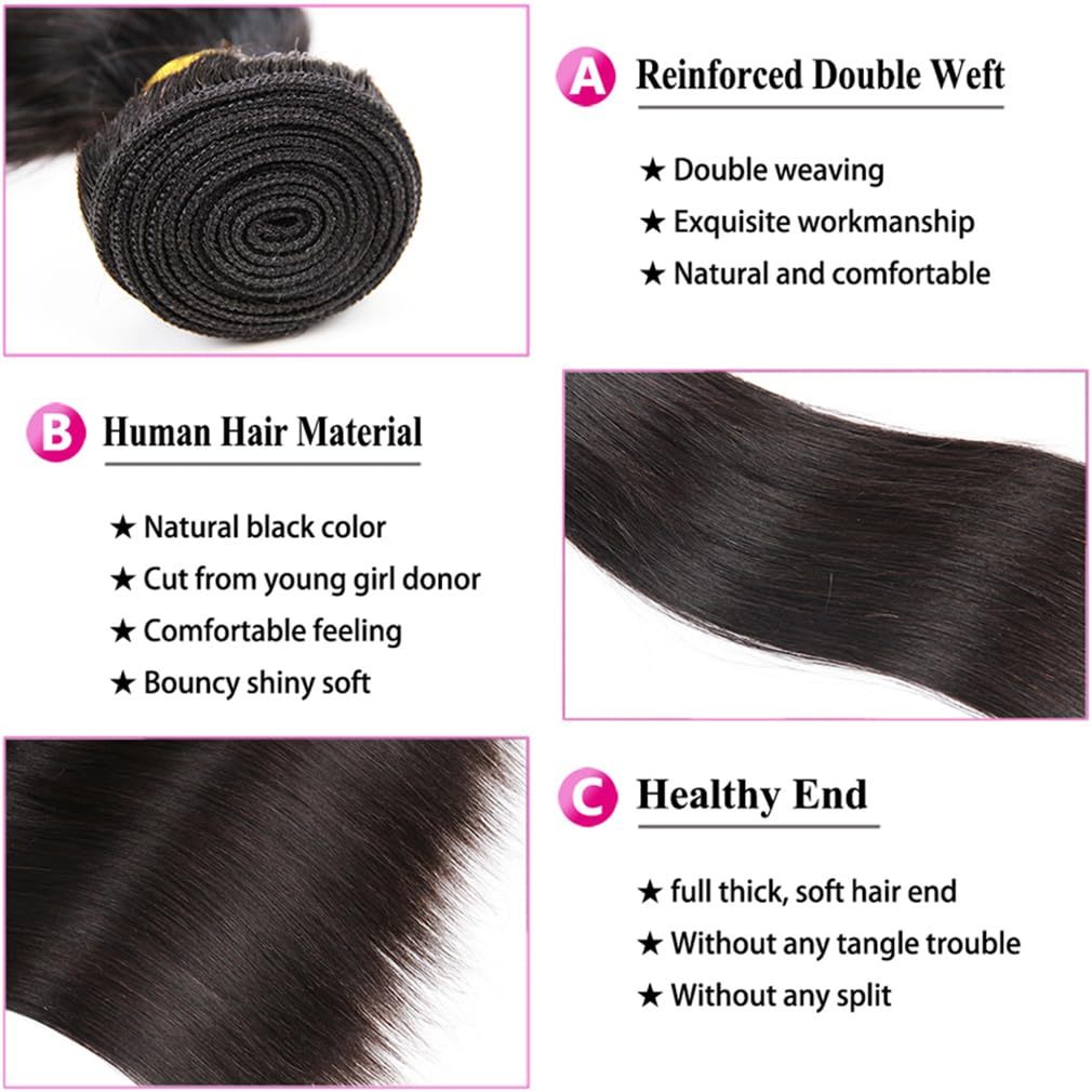 luxury quality 12A Straight Bundles Human Hair, 100g/Pack Unprocessed Virgin Human Hair Weave Bundles Deals, Soft Double Weft Quick Weave Extensions for Women