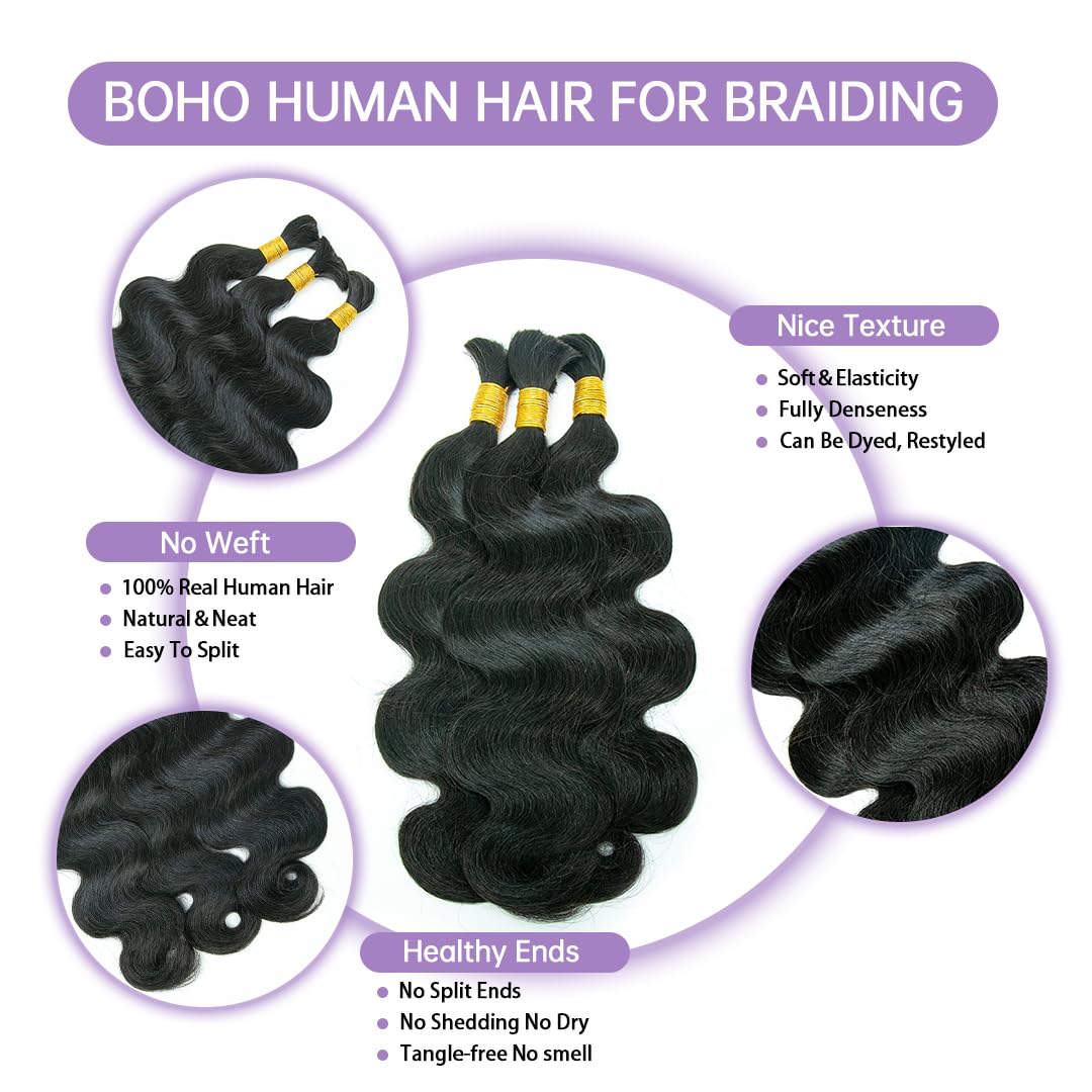 Unprocessed Body Wave Human Hair for Boho Braids - 18inch 100G Braiding Hair Bundles-Mielox Beauty