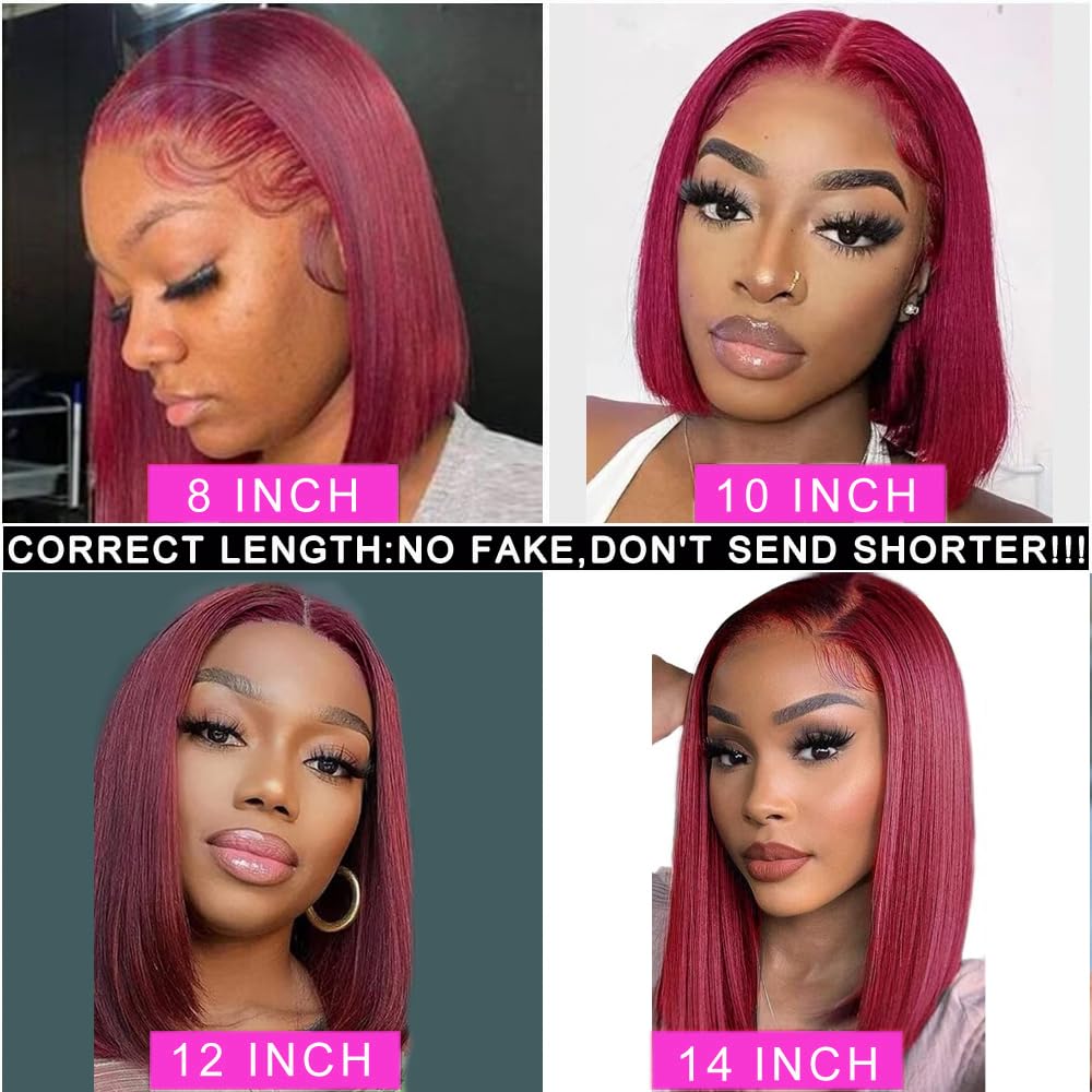 99J Burgundy Bob Wigs Human Hair 10 Inch Straight 13X4 HD Transparent  Bob Lace Front Wig  Wear and Go Glueless Wig Pre Plucked Colored Short Hd Lace Frontal Wigs for Black Women-Mielox Beauty