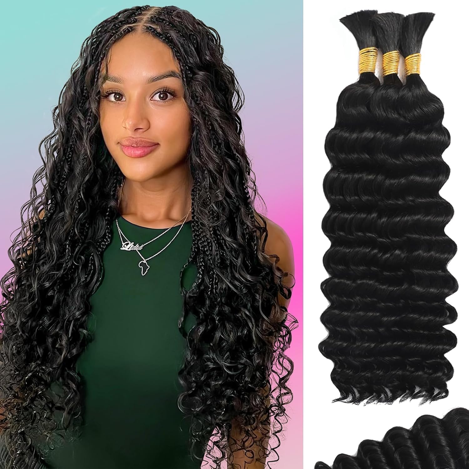 20 Inch 12A Deep Wave Curly Boho Human Braiding Hair, 100g Natural Bulk Human Hair for Knotless Bohemian Braids ,hair extensions-Mielox Beauty