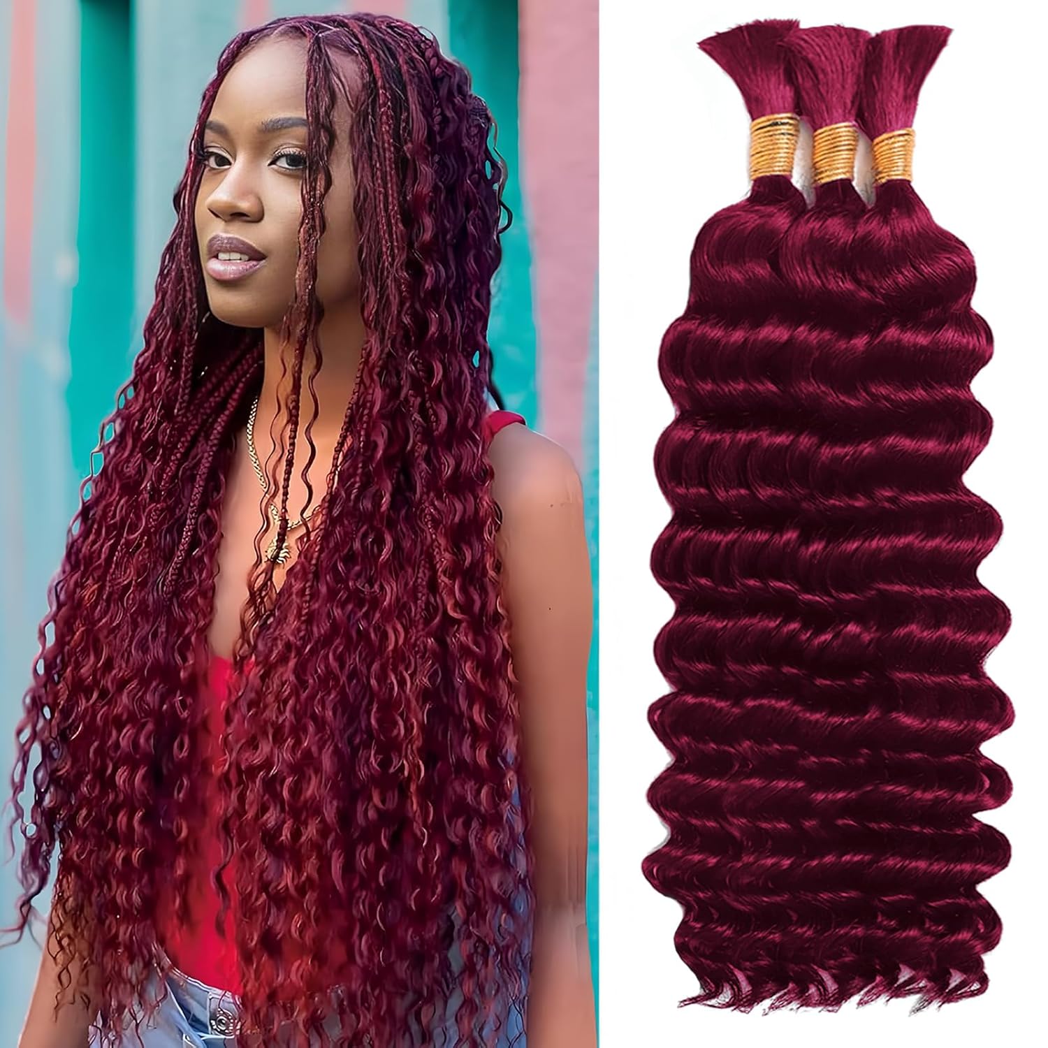 20 Inch 12A Deep Wave Curly Boho Human Braiding Hair, 100g Natural Bulk Human Hair for Knotless Bohemian Braids ,hair extensions-Mielox Beauty