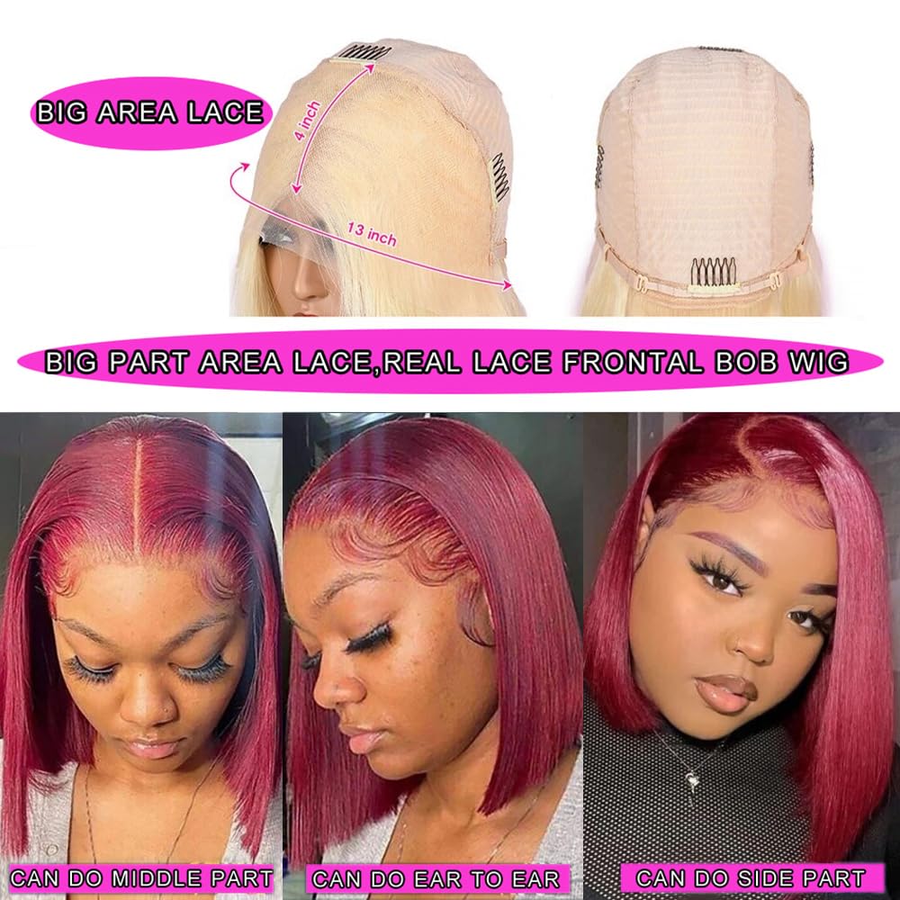 99J Burgundy Bob Wigs Human Hair 10 Inch Straight 13X4 HD Transparent  Bob Lace Front Wig  Wear and Go Glueless Wig Pre Plucked Colored Short Hd Lace Frontal Wigs for Black Women-Mielox Beauty