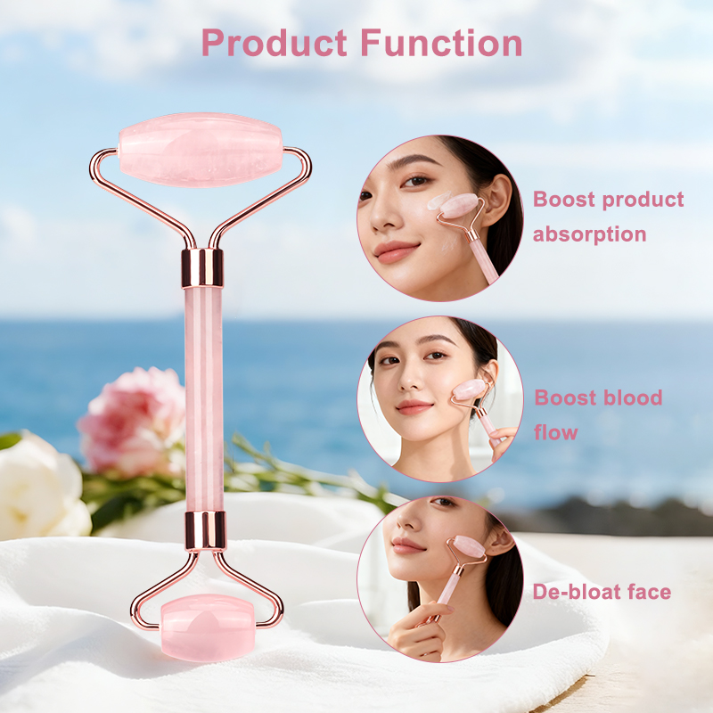  Pink rose quartz facial massage roller with acrylic handle. Suitable for face.Eye and Neck: Facial Massager -100% Natural Rose Quartz | Lymphatic Drainage | Improving Fine Lines Skincare tool