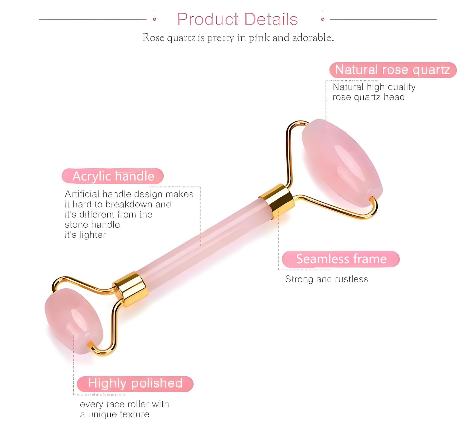  Pink rose quartz facial massage roller with acrylic handle. Suitable for face.Eye and Neck: Facial Massager -100% Natural Rose Quartz | Lymphatic Drainage | Improving Fine Lines Skincare tool