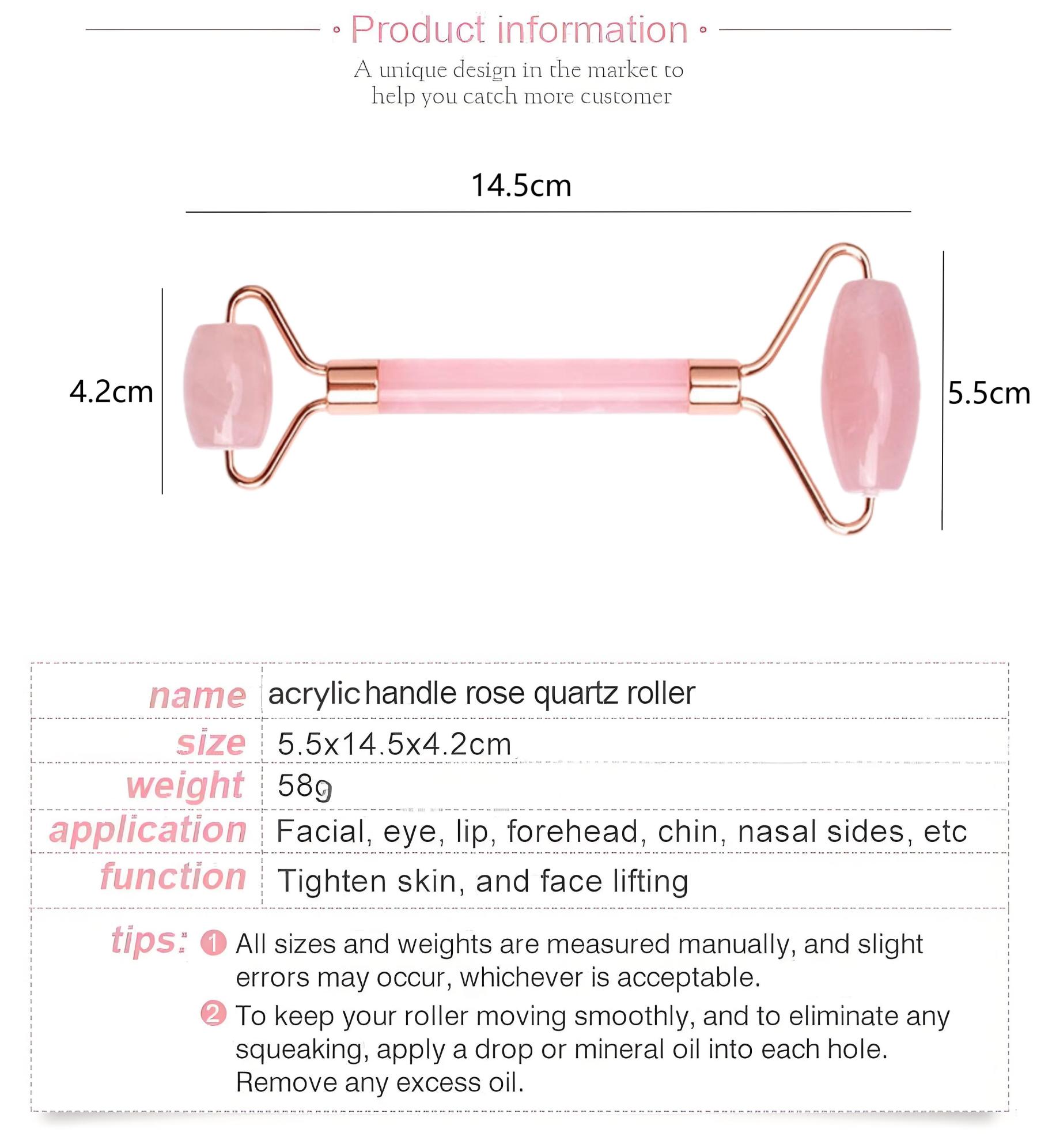  Pink rose quartz facial massage roller with acrylic handle. Suitable for face.Eye and Neck: Facial Massager -100% Natural Rose Quartz | Lymphatic Drainage | Improving Fine Lines Skincare tool