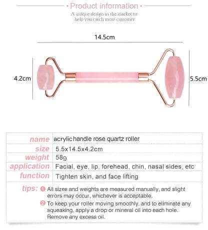  Pink rose quartz facial massage roller with acrylic handle. Suitable for face.Eye and Neck: Facial Massager -100% Natural Rose Quartz | Lymphatic Drainage | Improving Fine Lines Skincare tool