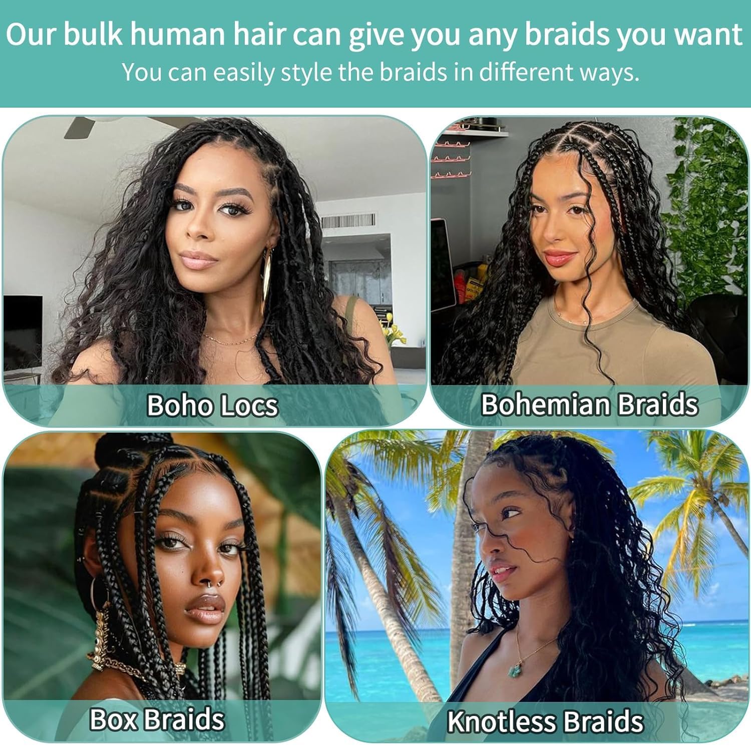 20 Inch 12A Deep Wave Curly Boho Human Braiding Hair, 100g Natural Bulk Human Hair for Knotless Bohemian Braids ,hair extensions-Mielox Beauty