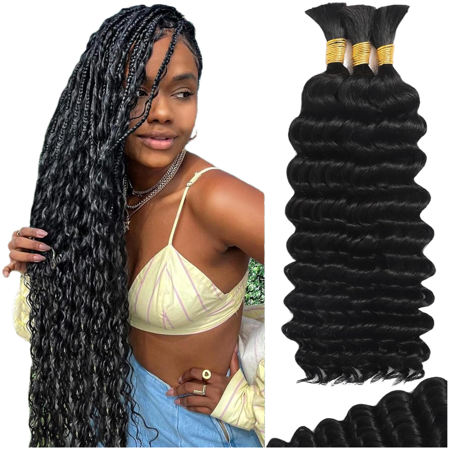 20 Inch 12A Deep Wave Curly Boho Human Braiding Hair, 100g Natural Bulk Human Hair for Knotless Bohemian Braids ,hair extensions-Mielox Beauty