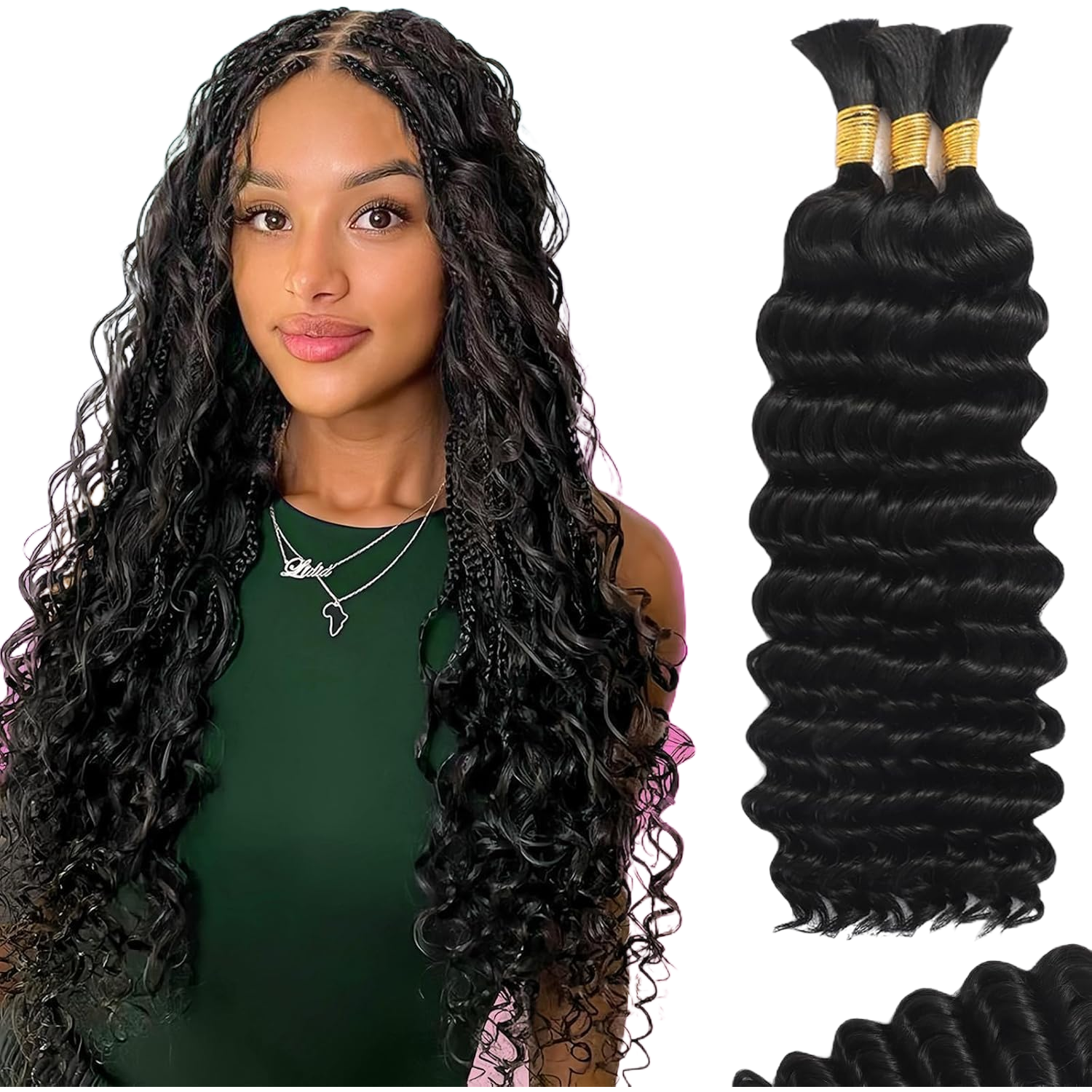 20 Inch 12A Deep Wave Curly Boho Human Braiding Hair, 100g Natural Bulk Human Hair for Knotless Bohemian Braids ,hair extensions-Mielox Beauty