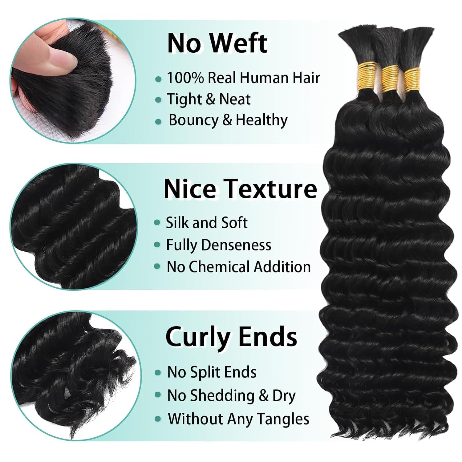 20 Inch 12A Deep Wave Curly Boho Human Braiding Hair, 100g Natural Bulk Human Hair for Knotless Bohemian Braids ,hair extensions-Mielox Beauty