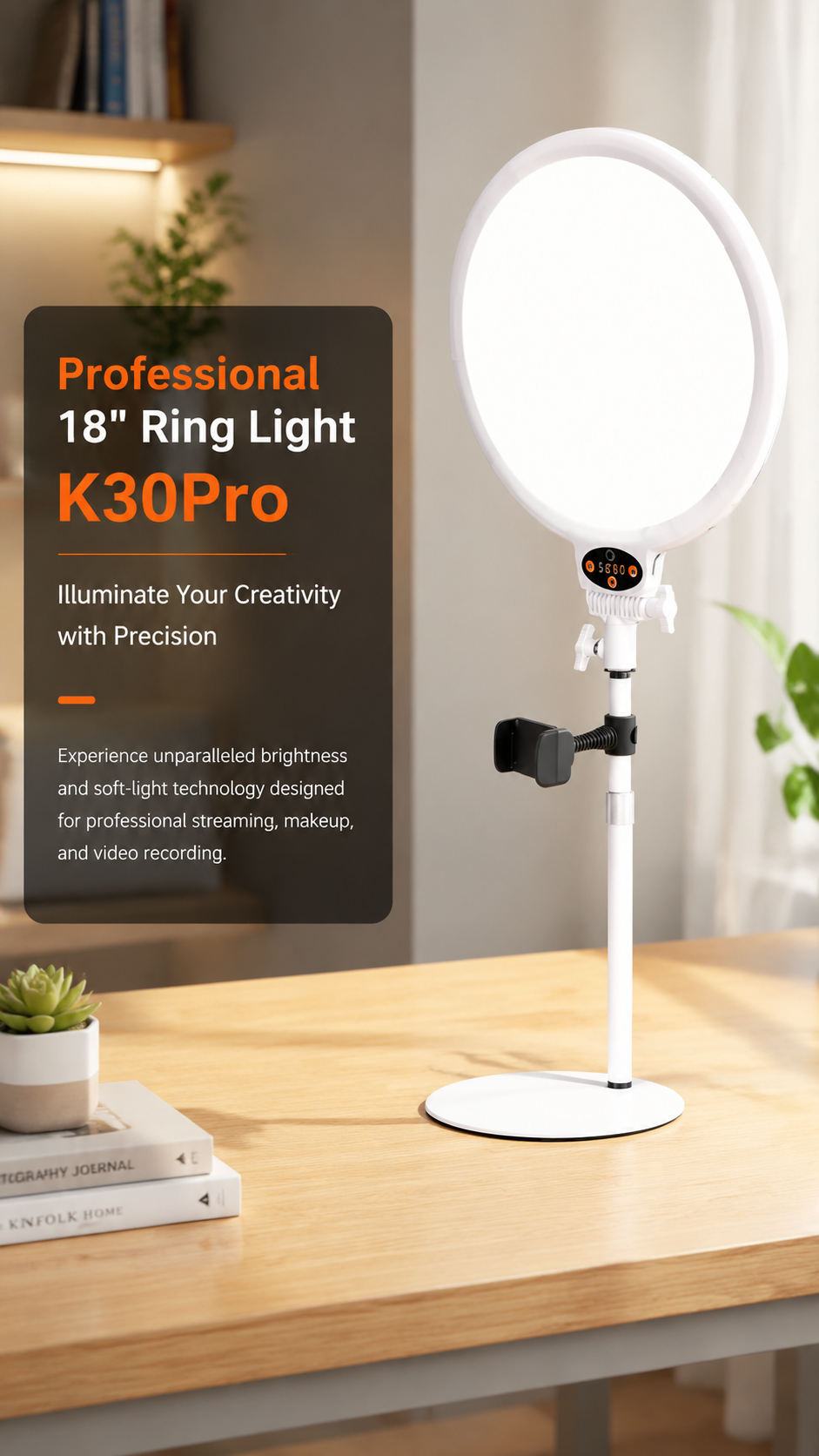 ring light, professional ring light, dimmable LED ring light, high CRI ring light, streaming light, makeup light, video conferencing light, touch & remote, phone holder ring light, studio lighting