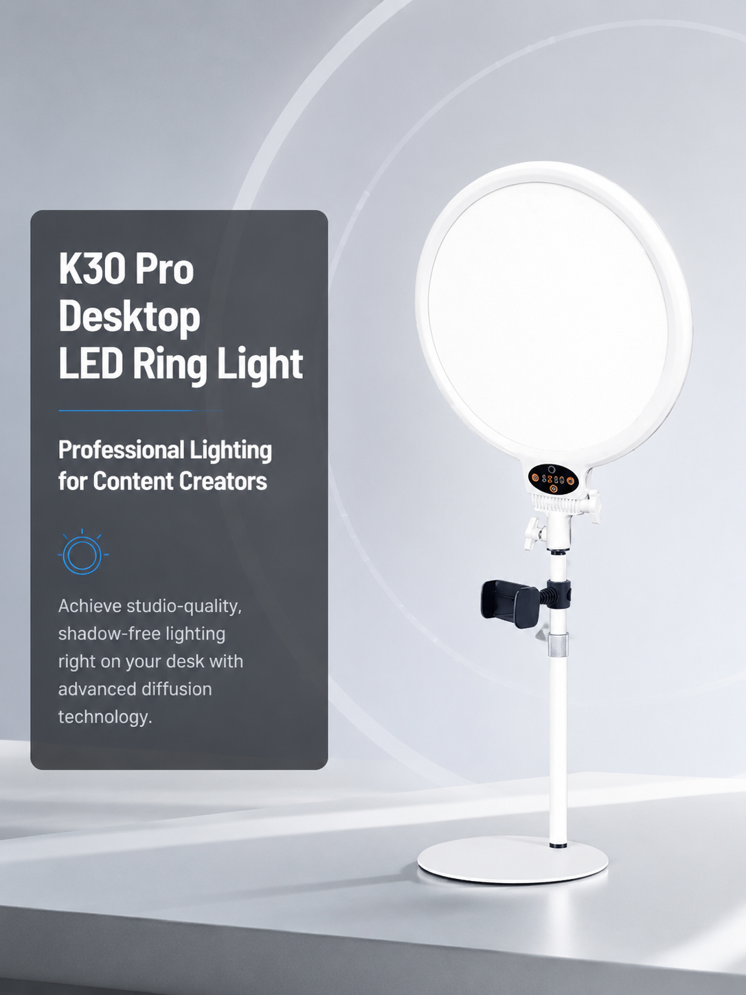 ring light, professional ring light, dimmable LED ring light, high CRI ring light, streaming light, makeup light, video conferencing light, touch & remote, phone holder ring light, studio lighting