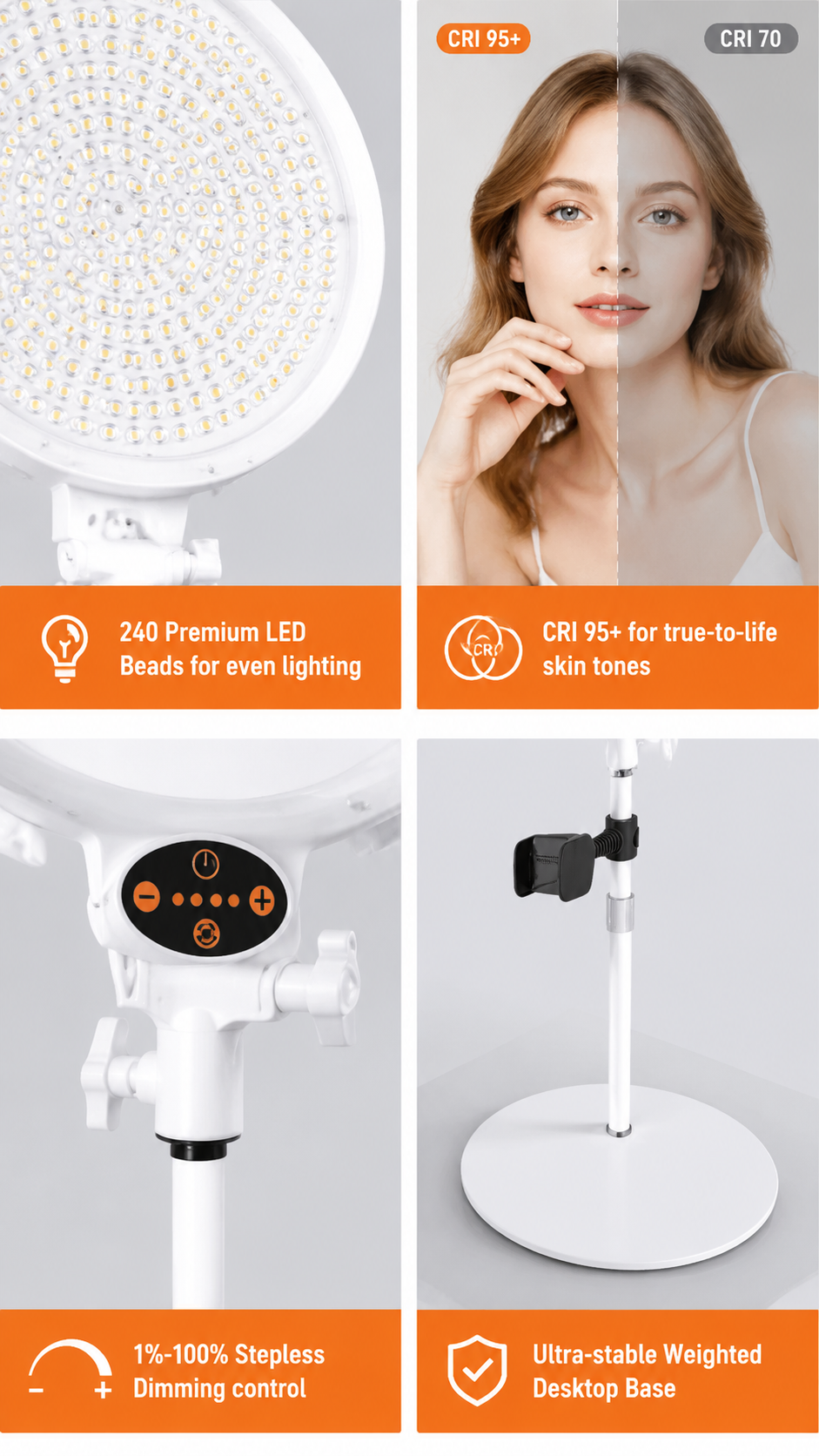 ring light, professional ring light, dimmable LED ring light, high CRI ring light, streaming light, makeup light, video conferencing light, touch & remote, phone holder ring light, studio lighting