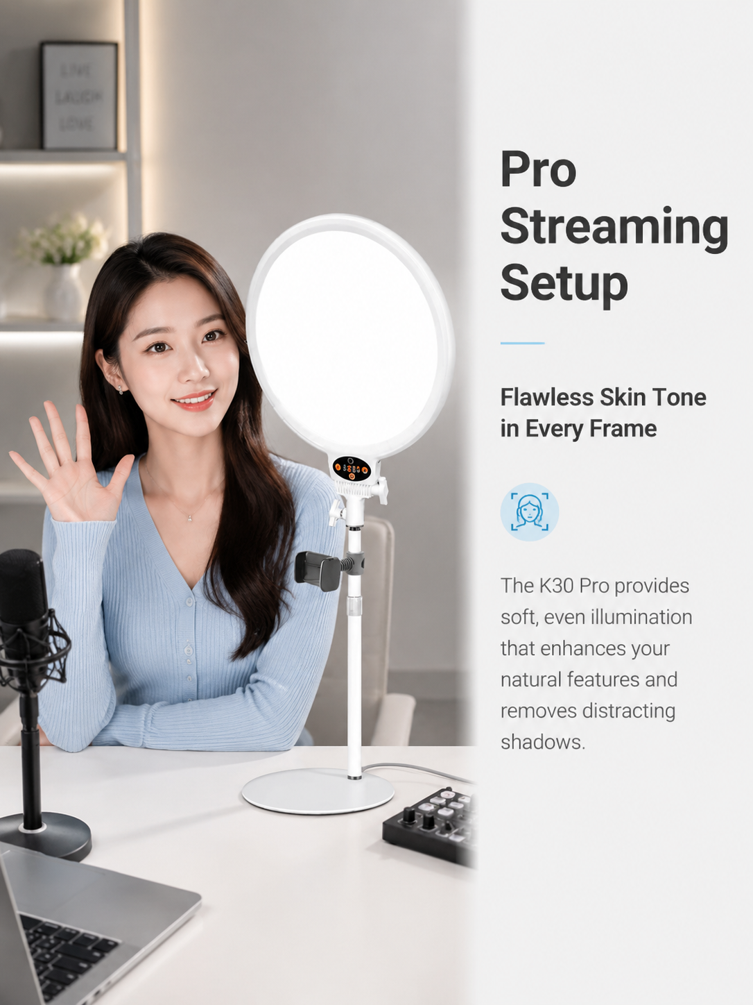 ring light, professional ring light, dimmable LED ring light, high CRI ring light, streaming light, makeup light, video conferencing light, touch & remote, phone holder ring light, studio lighting