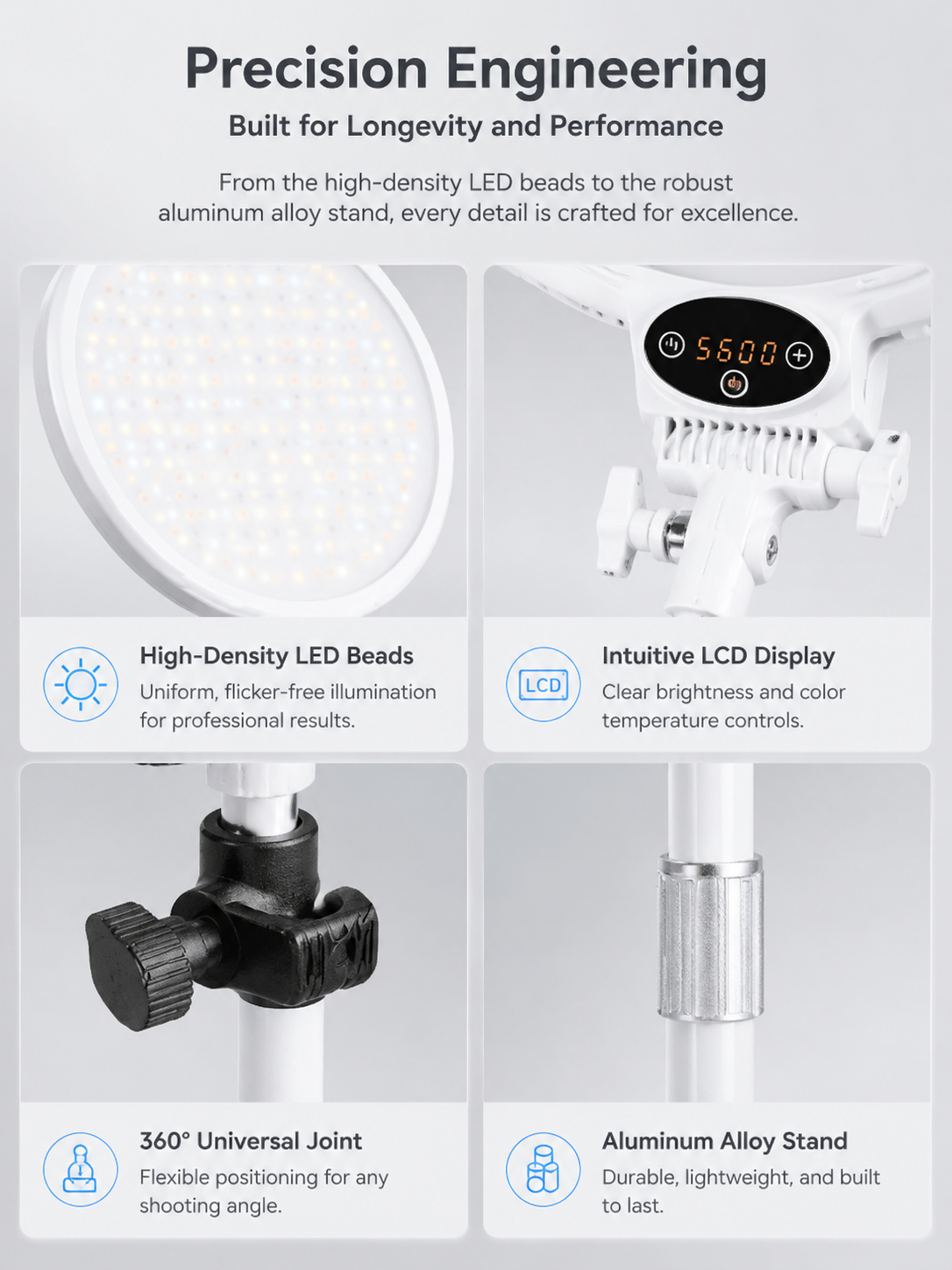 ring light, professional ring light, dimmable LED ring light, high CRI ring light, streaming light, makeup light, video conferencing light, touch & remote, phone holder ring light, studio lighting