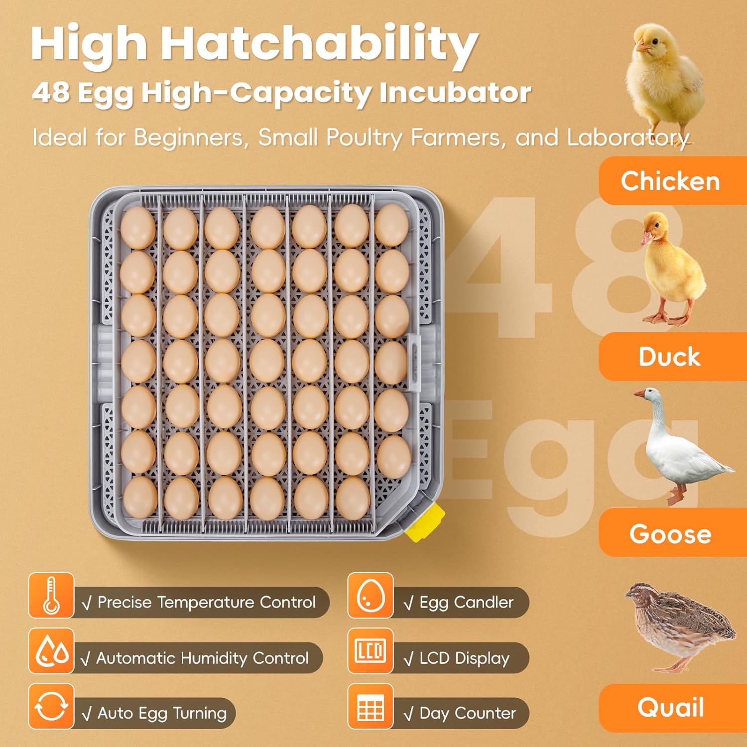 48 incubadoras para incubar huevos, incubadora de huevos con giro automático de huevos y control de humedad, control de temperatura, vela de huevo, relleno automático de agua, incubadora para