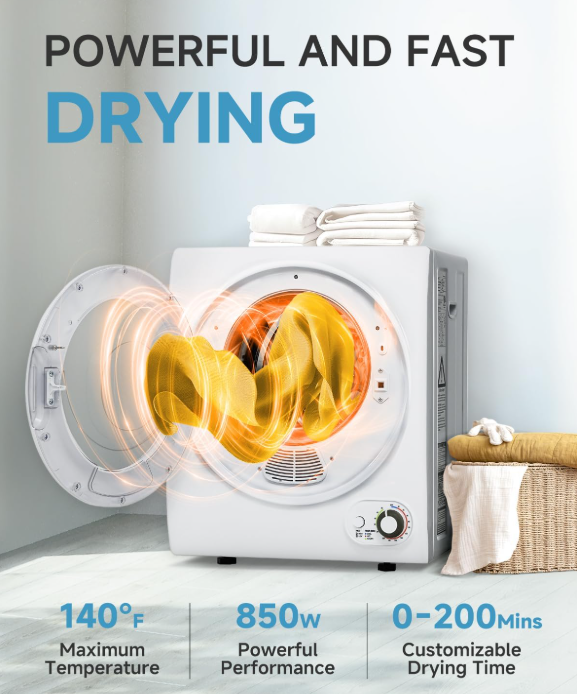 Secadora portátil de 110 V – Secadora compacta de ropa de 850 W con 4 modos de secado automático, tina de acero inoxidable, perilla de control simple para apartamentos, dormitorios y