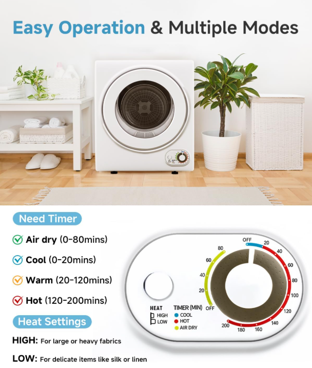 Secadora portátil de 110 V – Secadora compacta de ropa de 850 W con 4 modos de secado automático, tina de acero inoxidable, perilla de control simple para apartamentos, dormitorios y
