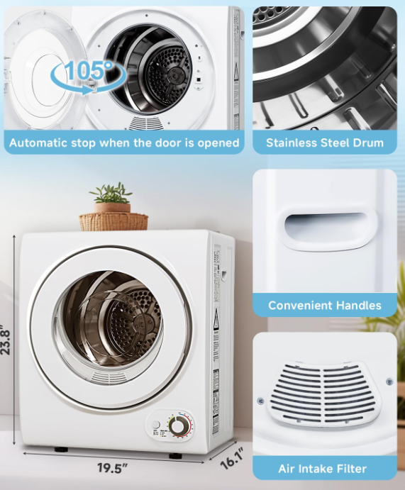 Secadora portátil de 110 V – Secadora compacta de ropa de 850 W con 4 modos de secado automático, tina de acero inoxidable, perilla de control simple para apartamentos, dormitorios y