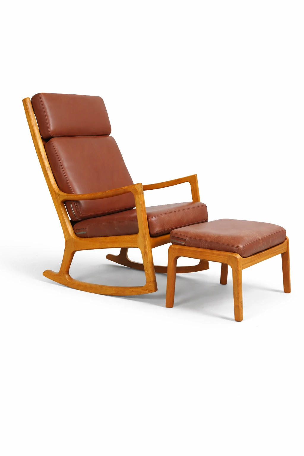 Schaukelstuhl Holz Natur mit Lederpolster und Hocker-dunvexa