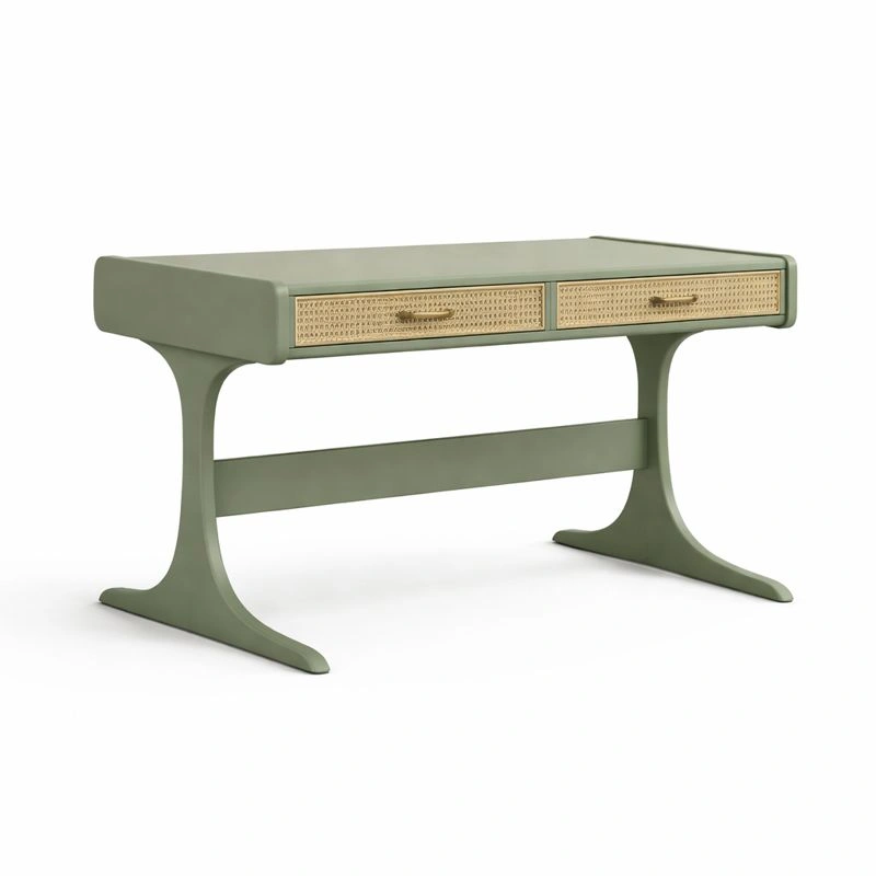 Schreibtisch Holz Gruen mit Rattan Schubladen-dunvexa