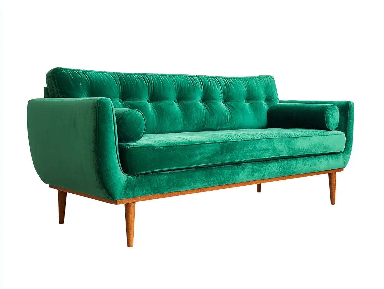 Sofá de 3 plazas en terciopelo 214 x 90 x 84 cm - verde esmeralda y roble miel - para salón - estilo retro chic con capitoné lineal, cojines cilíndricos y base elevada de madera-Dovomihaus