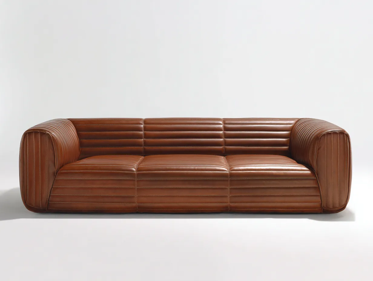 Sofá de 3 plazas de piel sintética marrón cuero con costuras horizontales y diseño envolvente 228 x 96 x 72 cm - para salón - estilo contemporáneo y escultural-Dovomihaus