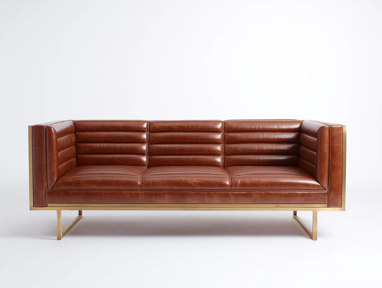 Sofá de 3 plazas en cuero sintético 218 x 86 x 79 cm - marrón tabaco y dorado champagne - para salón - estilo art déco contemporáneo con respaldo acanalado, laterales envolventes y estructura metálica elevada-Dovomihaus