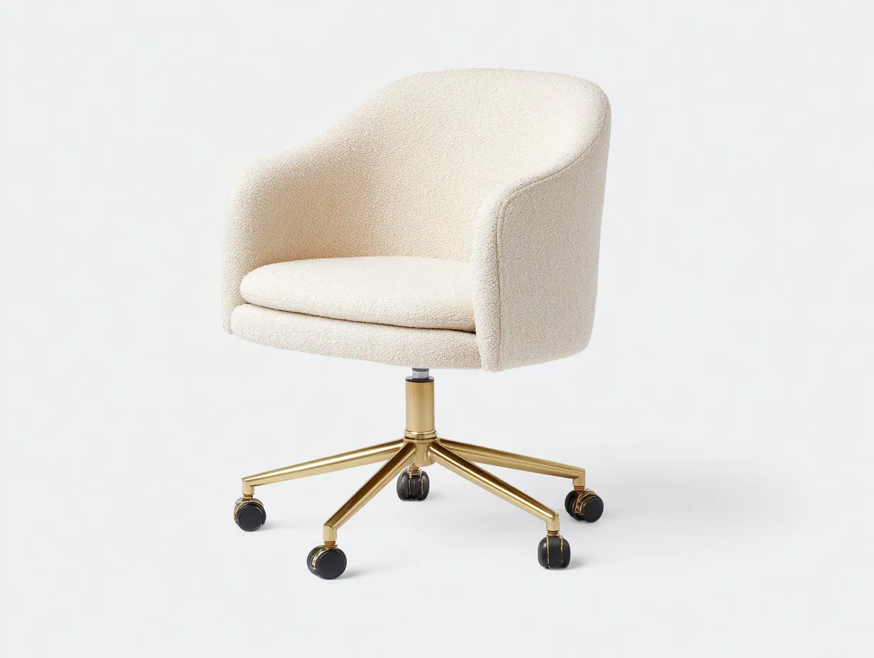 Silla de oficina giratoria tapizada en bouclé marfil con base dorada y ruedas 62 x 62 x 84 cm - para despacho - estilo elegante y contemporáneo-Dovomihaus