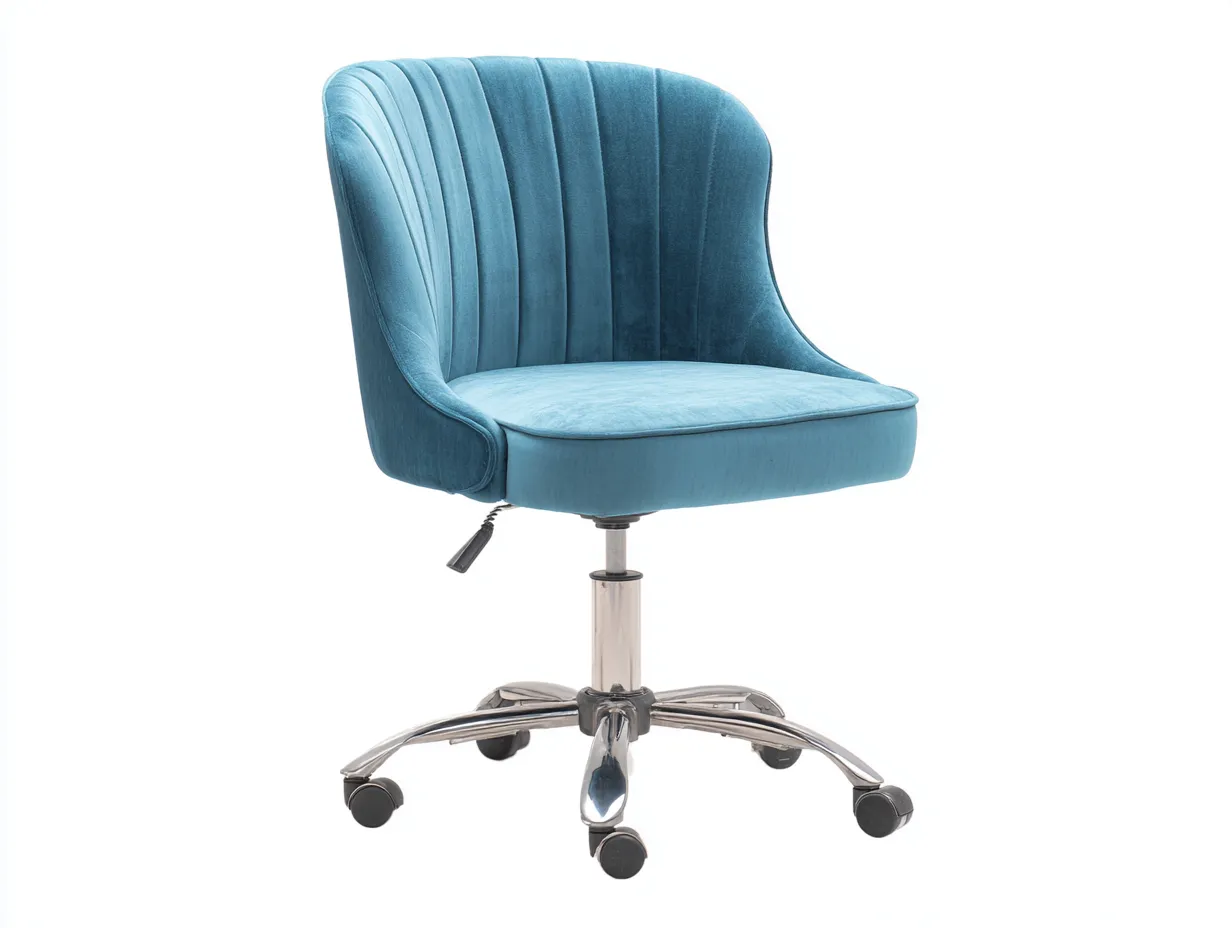 Silla de oficina giratoria tapizada en terciopelo azul cielo con base cromada y ruedas 58 x 58 x 86 cm - para despacho - estilo elegante y actual-Dovomihaus