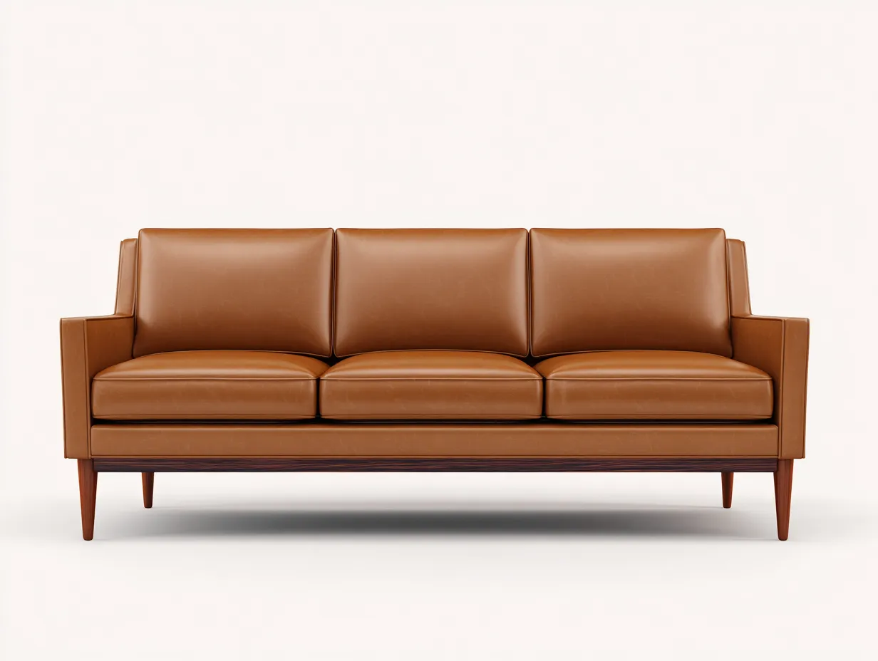 Sofá de 3 plazas en cuero sintético 228 x 88 x 82 cm - camel y madera nogal oscuro - para salón - estilo mid-century con líneas rectas, cojines estructurados y base elevada-Dovomihaus