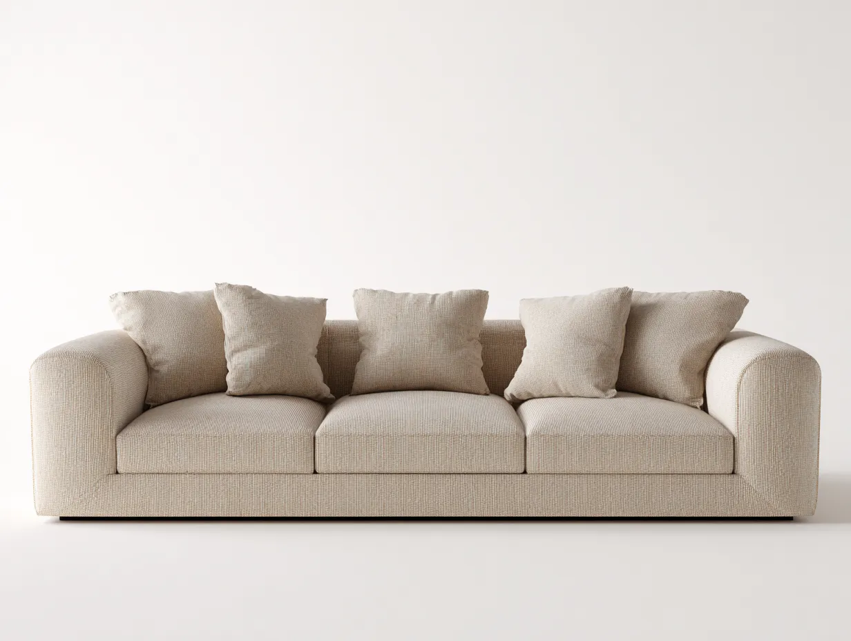 Sofá de 3 plazas en tela bouclé 238 x 96 x 78 cm - beige - para salón - estilo contemporáneo con brazos curvos, cojines decorativos y asiento profundo-Dovomihaus