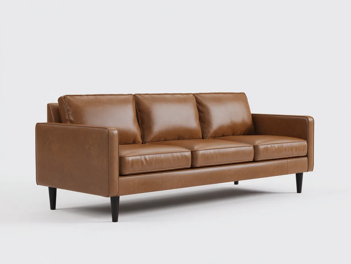 Sofá de 3 plazas en cuero sintético 226 x 90 x 83 cm - marrón cuero y negro - para salón - estilo contemporáneo con brazos rectos, cojines amplios y patas altas cónicas-Dovomihaus