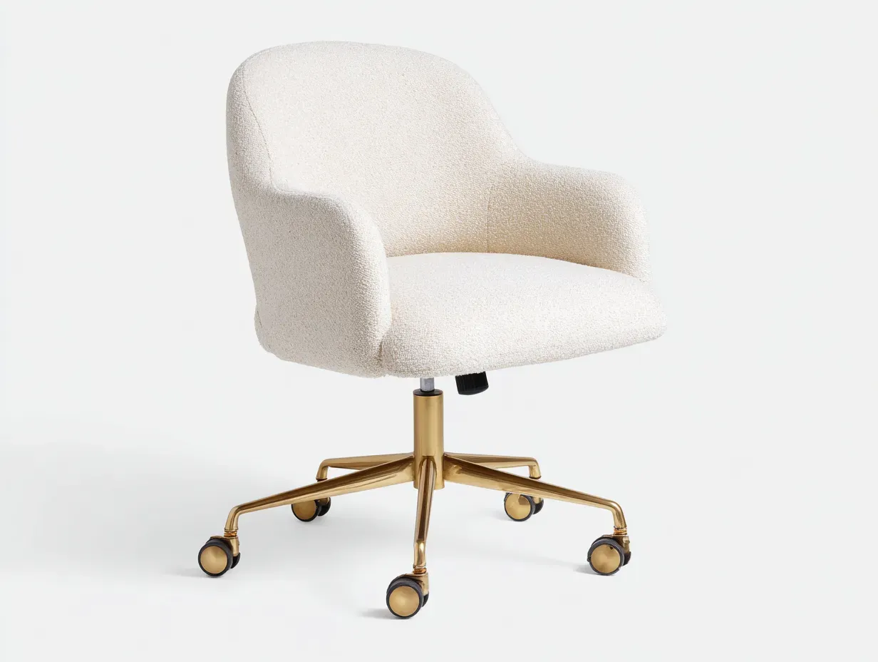 Silla de oficina bouclé 59 x 58 x 83 cm - marfil - giratoria - base metálica dorada con ruedas suaves-Lariaihome