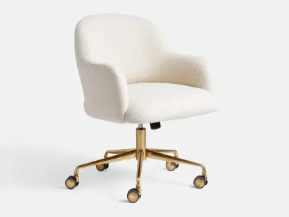 Silla de oficina bouclé 59 x 58 x 83 cm - marfil - giratoria - base metálica dorada con ruedas suaves-Lariaihome