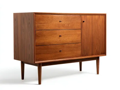 Aparador madera maciza 110 x 40 x 78 cm - acabado nogal natural - diseño nórdico con cajones y puerta-Lariaihome