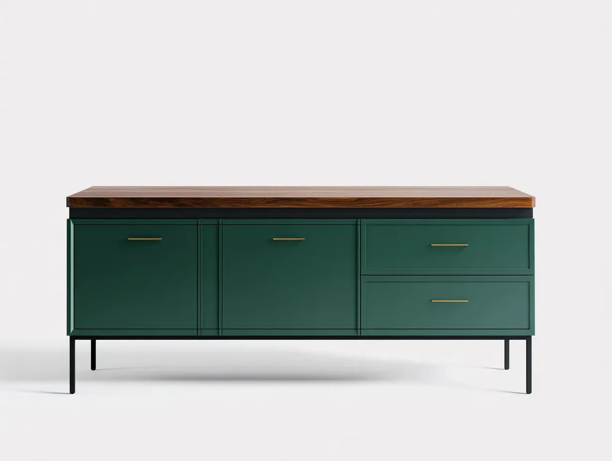 Aparador verde oscuro con 2 puertas 2 cajones tapa efecto nogal y patas metálicas negras 168 x 42 x 80 cm - para salón - estilo moderno con contraste elegante-Lariaihome