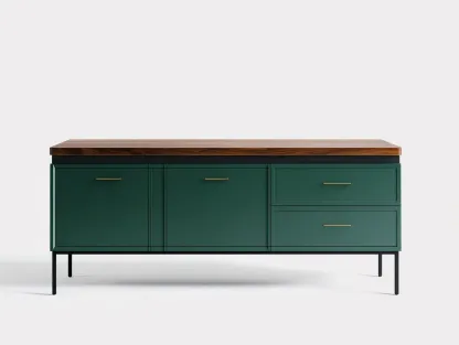 Aparador verde oscuro con 2 puertas 2 cajones tapa efecto nogal y patas metálicas negras 168 x 42 x 80 cm - para salón - estilo moderno con contraste elegante-Lariaihome