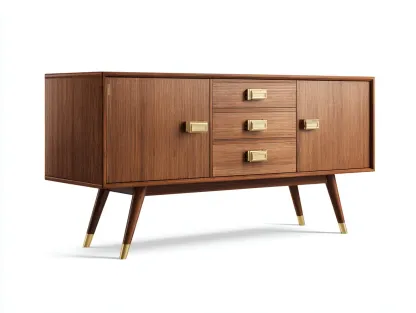Aparador de madera nogal con 2 puertas 3 cajones y herrajes dorados 168 x 43 x 79 cm - para salón - estilo retro refinado-Lariaihome