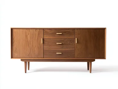Aparador de nogal con 2 puertas 3 cajones centrales y tiradores dorados discretos 158 x 43 x 80 cm - para salón - estilo atemporal y equilibrado-Lariaihome
