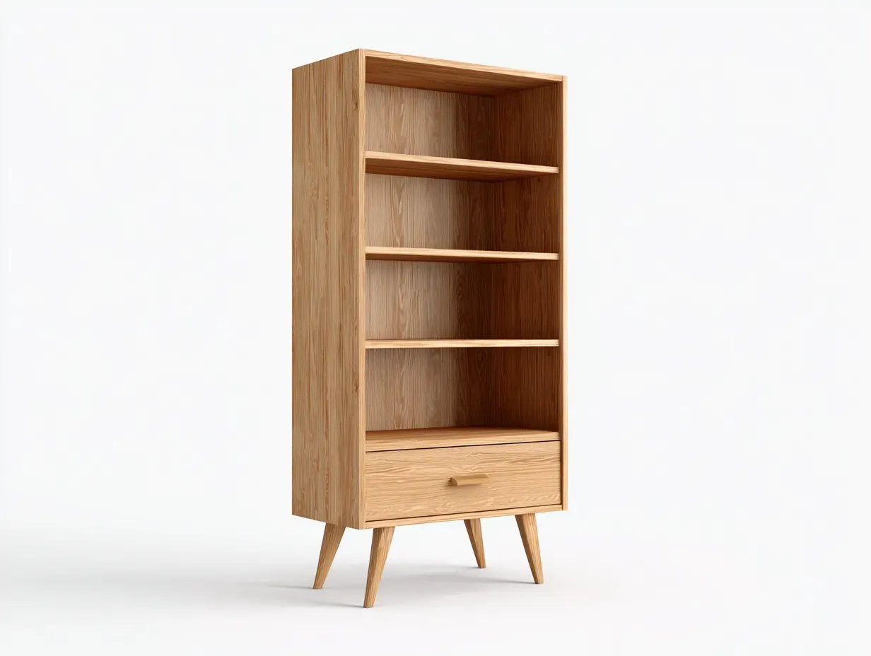 Estantería alta con cajón en madera 82 x 36 x 182 cm - roble claro - para salón - estilo nórdico con baldas abiertas cajón inferior y patas inclinadas-Lariaihome