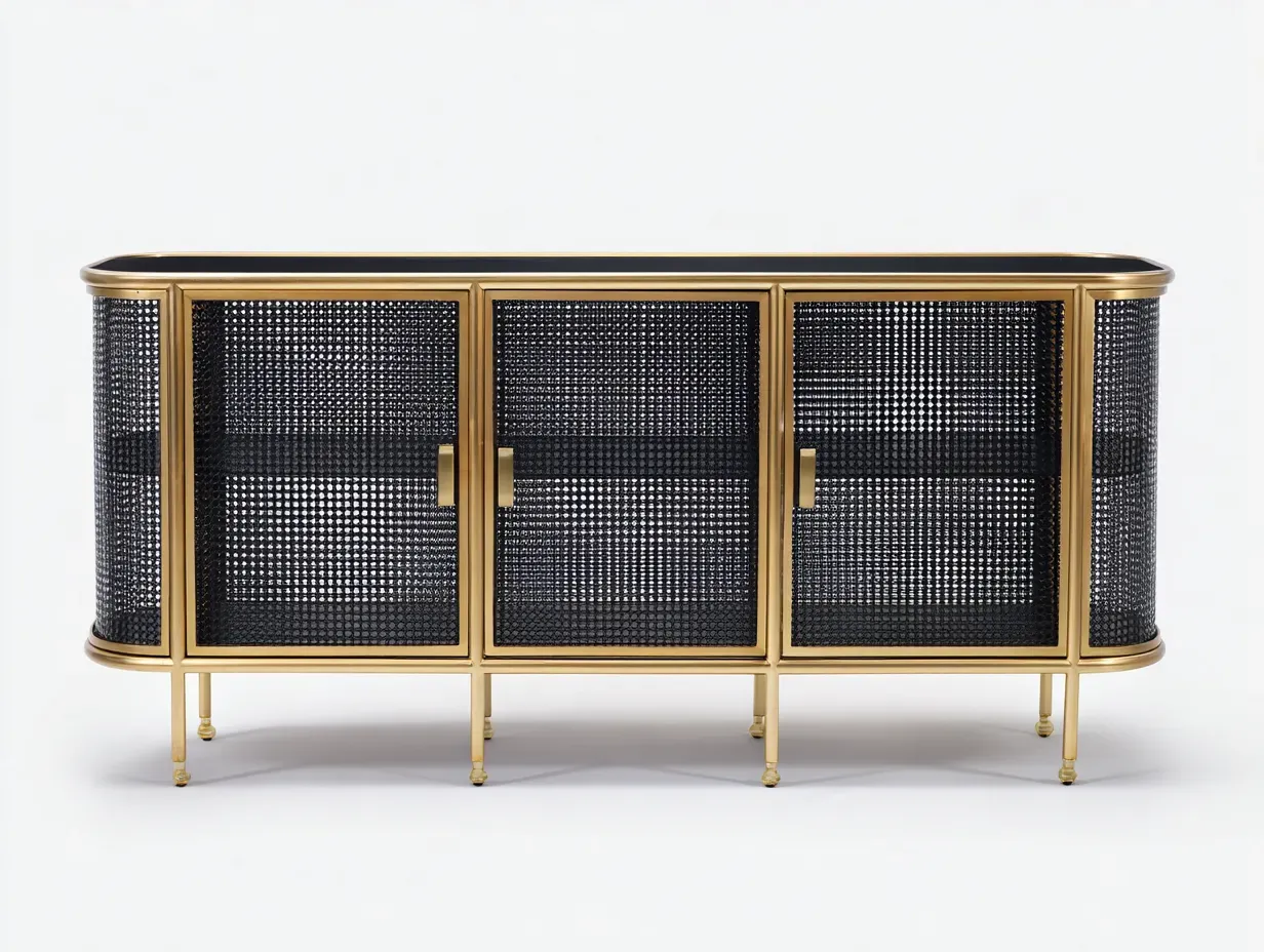 Aparador de metal negro y dorado con 3 puertas de rejilla y líneas curvas 170 x 43 x 82 cm - para salón - estilo glam contemporáneo-Lariaihome