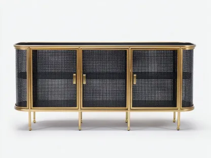 Aparador de metal negro y dorado con 3 puertas de rejilla y líneas curvas 170 x 43 x 82 cm - para salón - estilo glam contemporáneo-Lariaihome