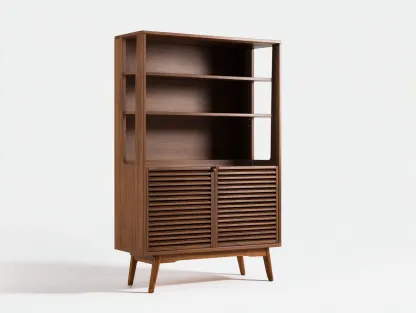 Estantería alta en madera 98 x 38 x 180 cm - nogal medio - para salón y despacho - estilo mid-century con estantes abiertos y puertas de lamas-Lariaihome