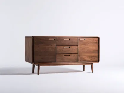 Aparador madera maciza 140 x 45 x 75 cm - nogal oscuro - con cajones centrales y puertas laterales-Lariaihome